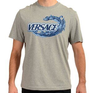 Versace Men's Gray & Blue Logo Print Short Sleeve T-Shirt US 5XL IT 62